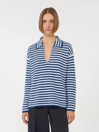 Camisola de caxemira com canelado, branco e azul