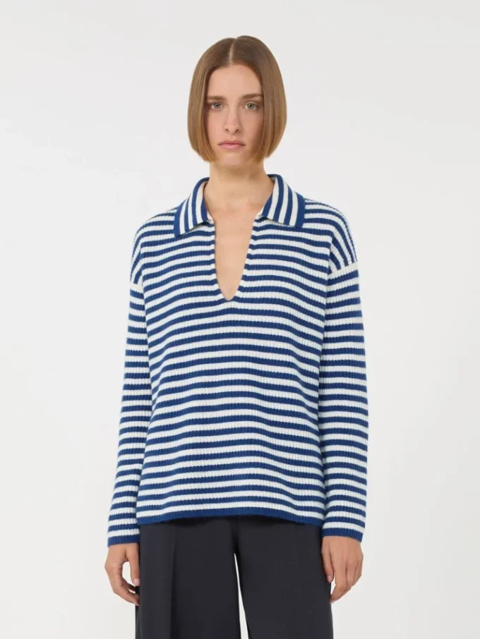 Camisola de caxemira com canelado, branco e azul Camisola de caxemira com canelado, branco e azul