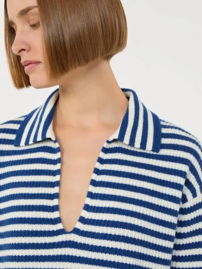 Camisola de caxemira com canelado, branco e azul Camisola de caxemira com canelado, branco e azul