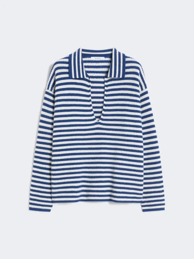 Camisola de caxemira com canelado, branco e azul Camisola de caxemira com canelado, branco e azul