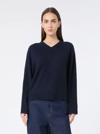 Camisola de caxemira com decote em V, azul-marinho