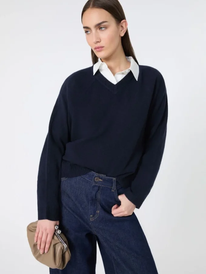 Camisola de caxemira com decote em V, azul-marinho Camisola de caxemira com decote em V, azul-marinho