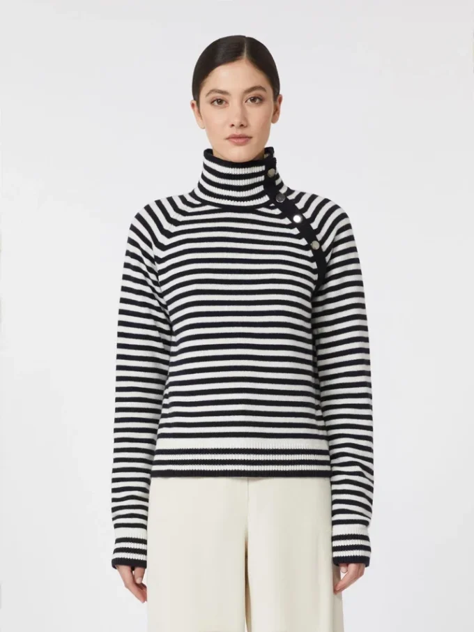 Camisola de gola alta em caxemira com ponto jersey, azul-marinho