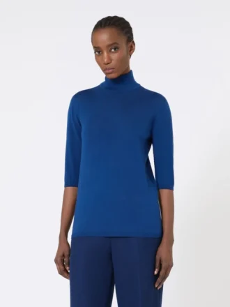 Camisola de gola alta em malha de ponto jersey de lã, azul-china