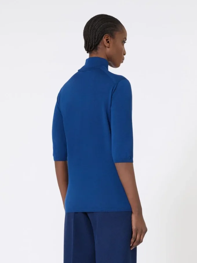 Camisola de gola alta em malha de ponto jersey de lã, azul-china
