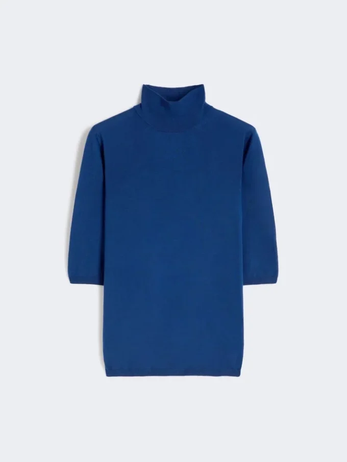 Camisola de gola alta em malha de ponto jersey de lã, azul-china