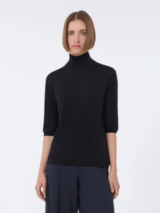 Camisola de gola alta em malha lisa de lã, azul ultramar