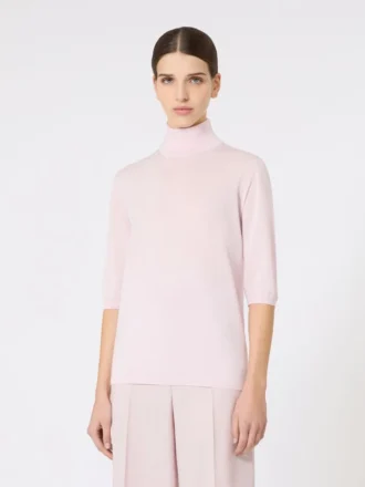 Camisola de gola alta em malha lisa de lã, cor-de-rosa