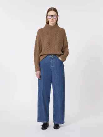 Camisola de gola alta em malha trançada de lã e caxemira, cor lama