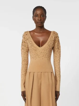 Camisola de gola em V em lã e caxemira, cor camelo