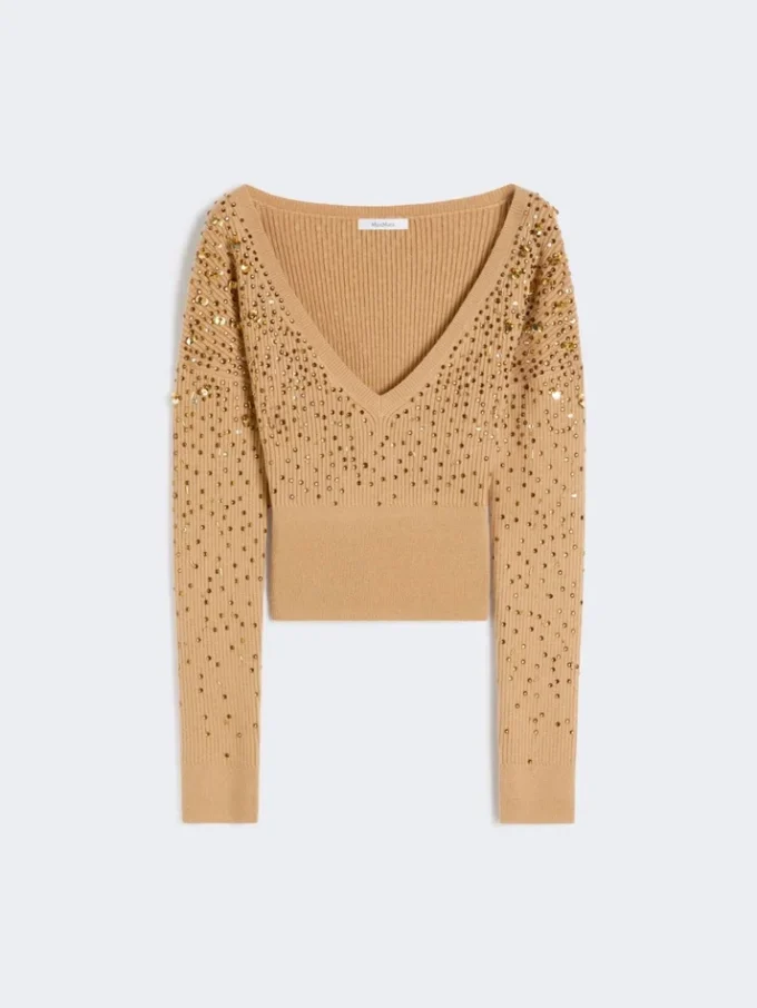 Camisola de gola em V em lã e caxemira, cor camelo Camisola de gola em V em lã e caxemira, cor camelo