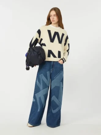 Camisola de gola redonda em algodão estampado, azul-marinho