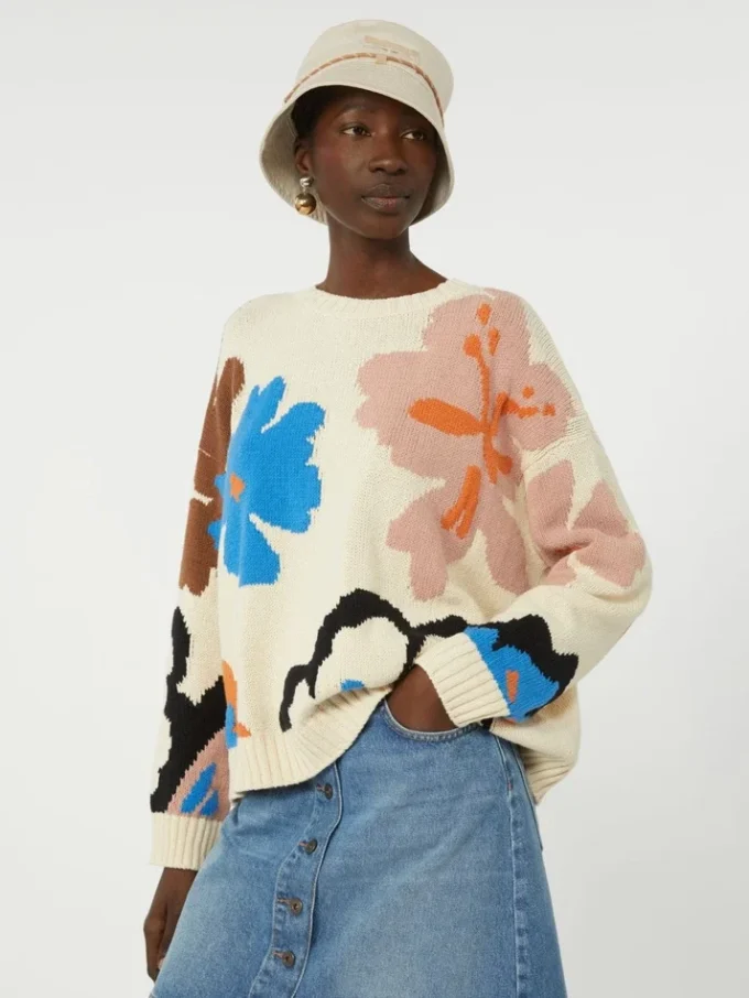Camisola de gola redonda em algodão estampado, multicolorida Camisola de gola redonda em algodão estampado, multicolorida