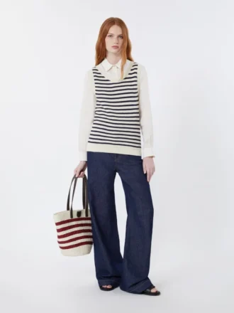 Camisola em fio de algodão canelado, azul-marinho