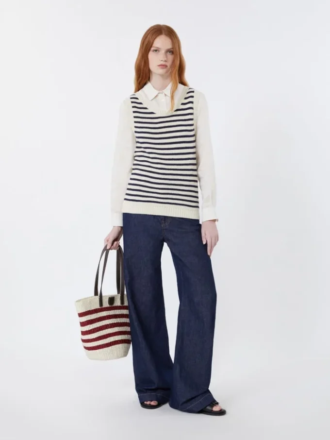 Camisola em fio de algodão canelado, azul-marinho