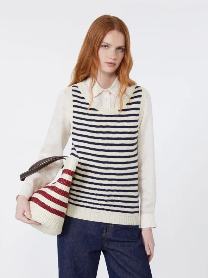 Camisola em fio de algodão canelado, azul-marinho