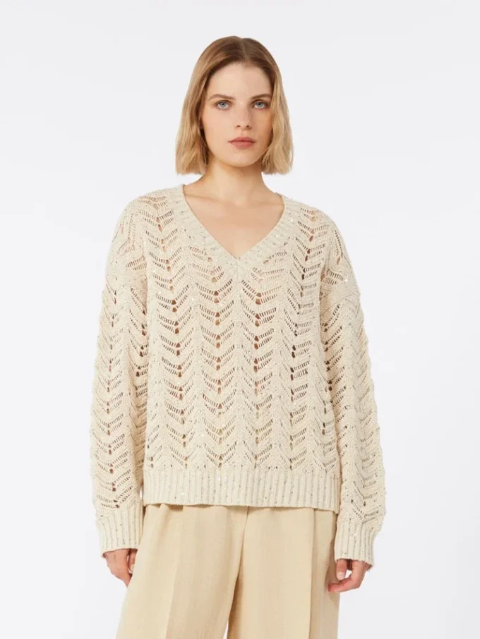 Camisola em fio de algodão e lantejoulas, bege Camisola em fio de algodão e lantejoulas, bege