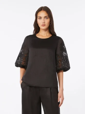 Camisola em gaze de rami e bordado inglês, preta