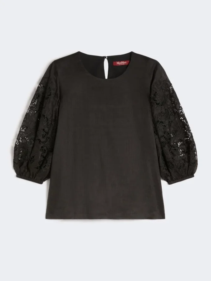 Camisola em gaze de rami e bordado inglês, preta Camisola em gaze de rami e bordado inglês, preta