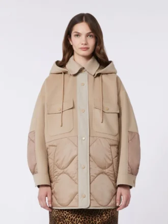 Casaco acolchoado em lã e nylon reversível, cor camelo