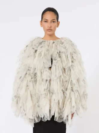Casaco curto com pétalas em organza estampada, cinzento pérola