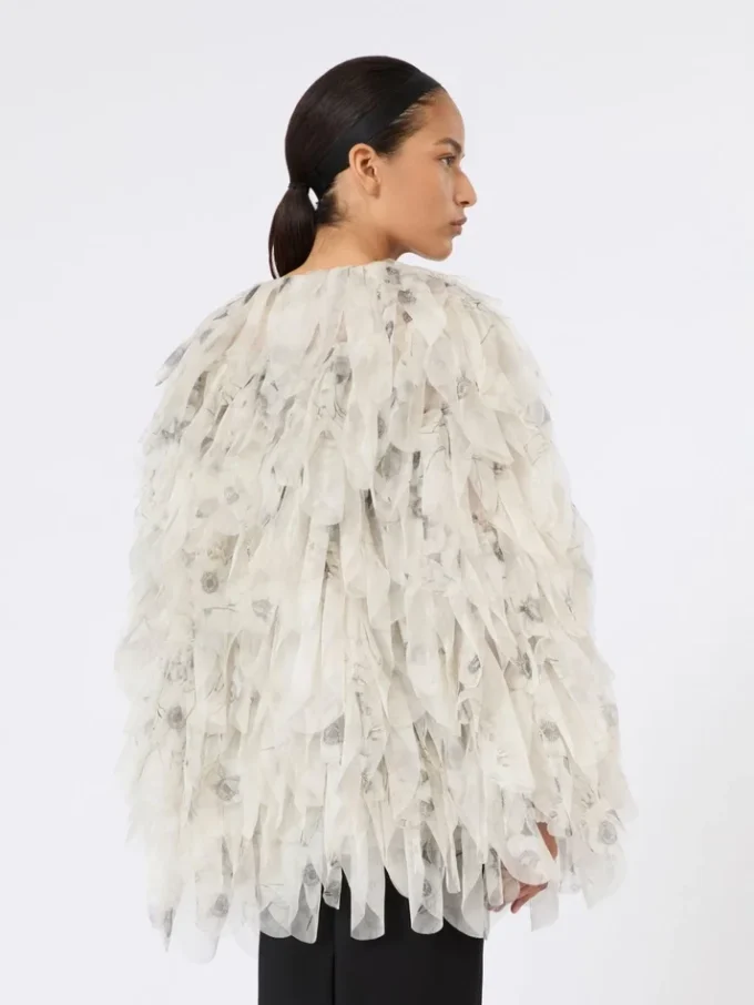 Casaco curto com pétalas em organza estampada, cinzento pérola Casaco curto com pétalas em organza estampada, cinzento pérola