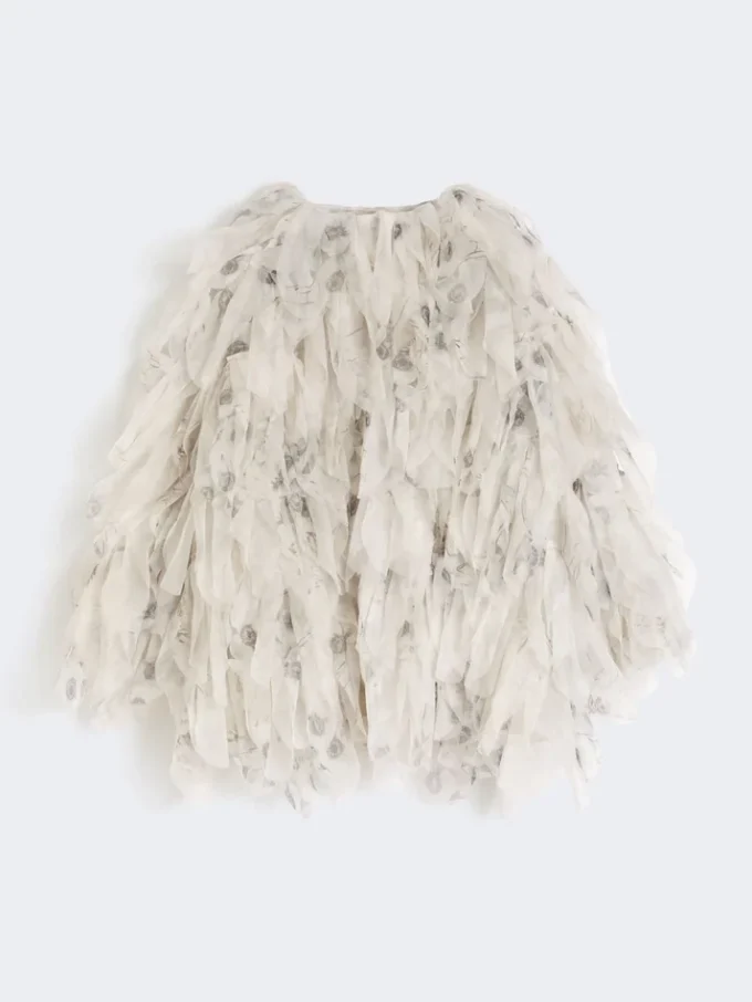Casaco curto com pétalas em organza estampada, cinzento pérola Casaco curto com pétalas em organza estampada, cinzento pérola