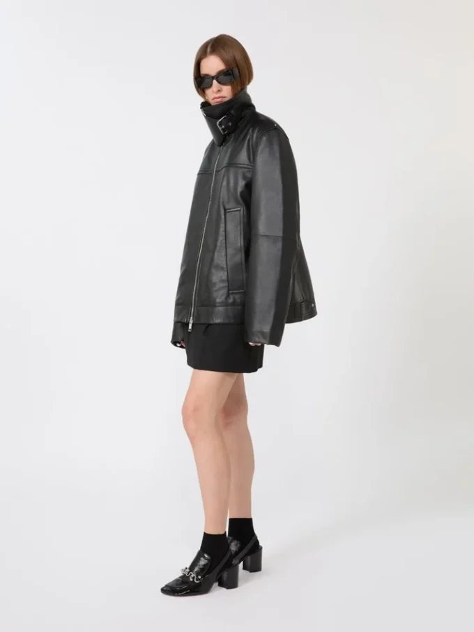 Casaco de couro pesado oversized, preto Casaco de couro pesado oversized, preto