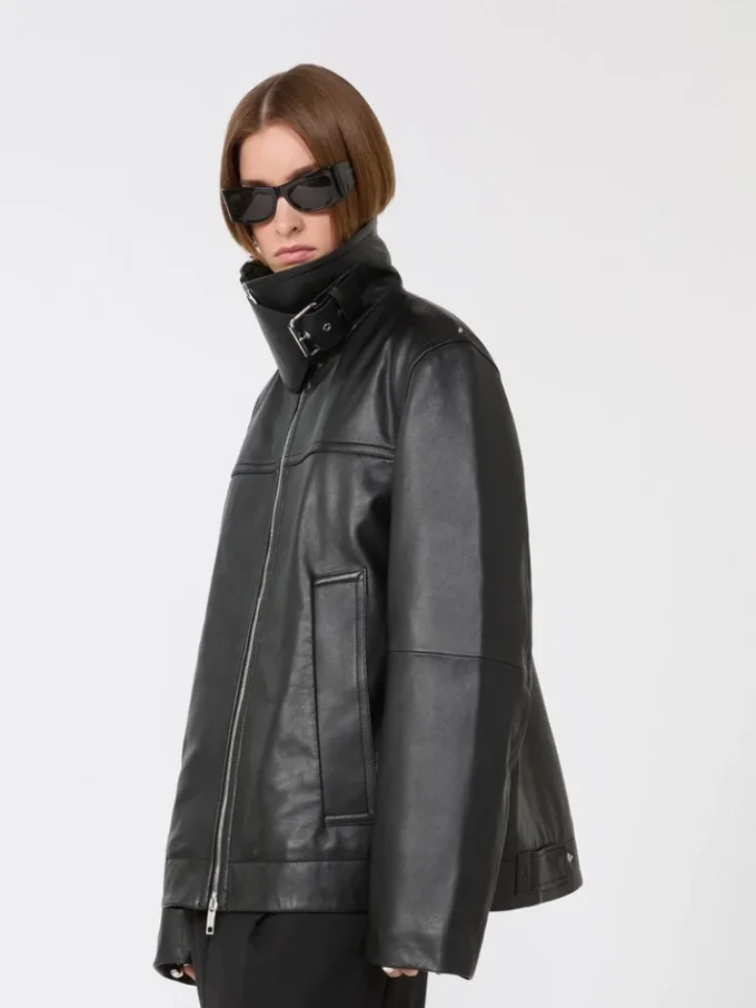 Casaco de couro pesado oversized, preto Casaco de couro pesado oversized, preto