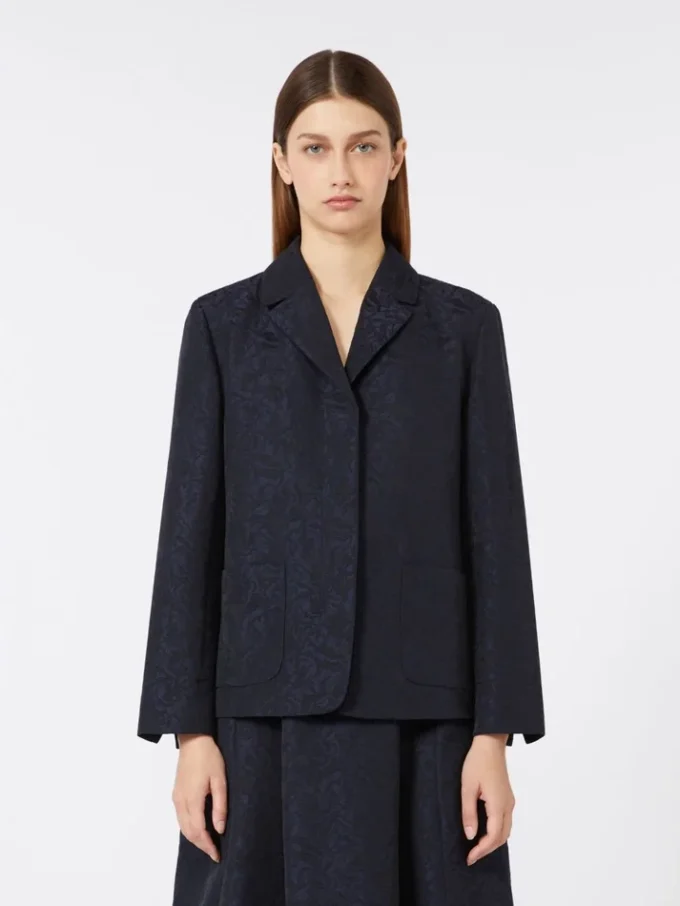 Casaco floral em jacquard de botões simples, azul-escuro Casaco floral em jacquard de botões simples, azul-escuro
