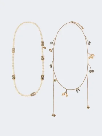 Conjunto de colares em metal e vidro, esmeralda