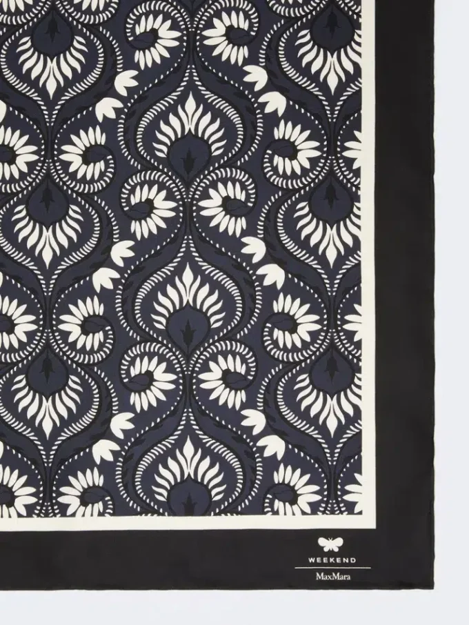 Foulard quadrado de seda estampado, azul-marinho