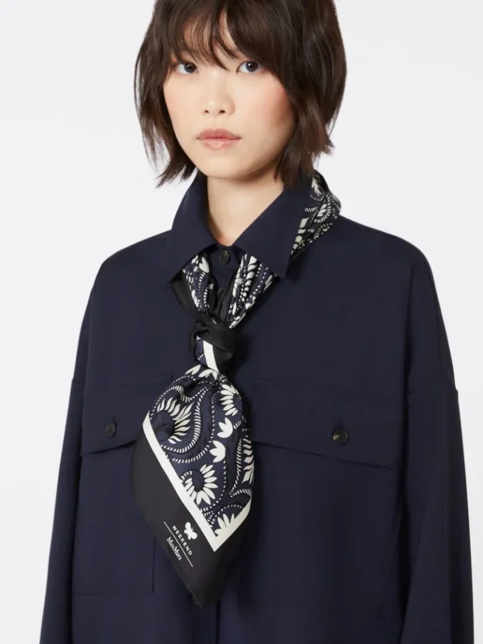 Foulard quadrado de seda estampado, azul-marinho