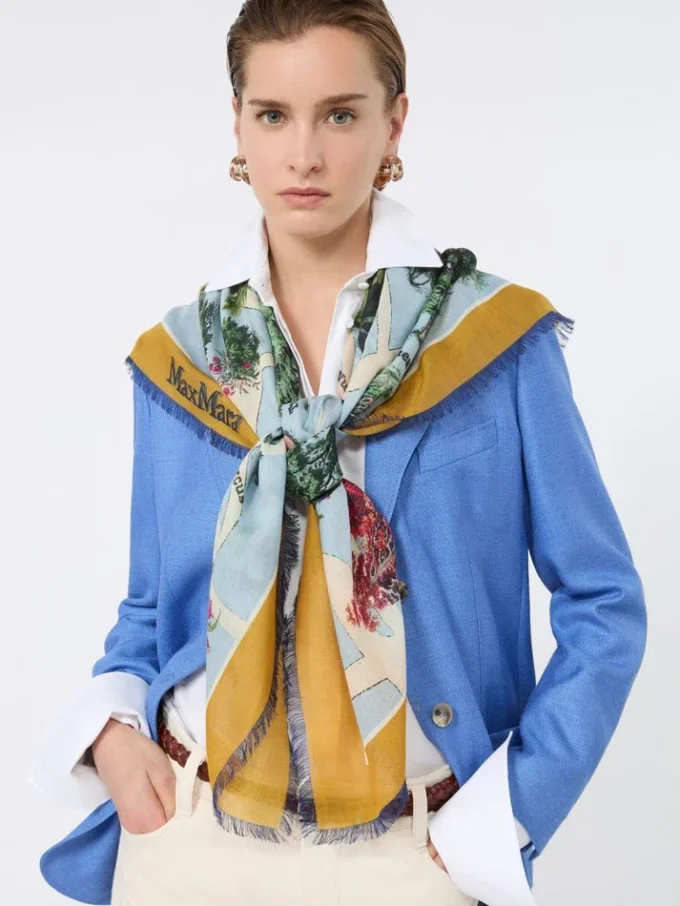 Lenço oversized em seda e lã estampadas, mostarda Lenço oversized em seda e lã estampadas, mostarda