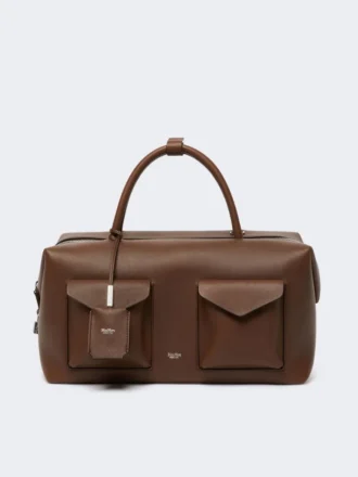 Mala Boston grande em pele com bolsos, castanha