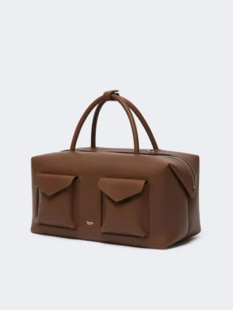 Mala Boston grande em pele com bolsos, castanha