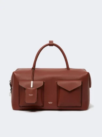 Mala Boston grande em pele com bolsos, cor de ferrugem