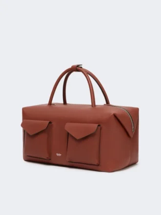 Mala Boston grande em pele com bolsos, cor de ferrugem