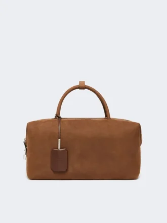 Mala Boston grande em pele nubuck, castanho escuro