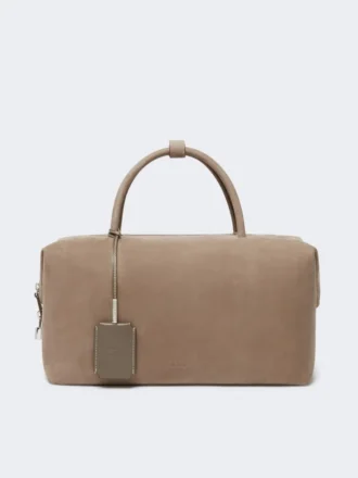 Mala Boston grande em pele nubuck, cor cinza-claro