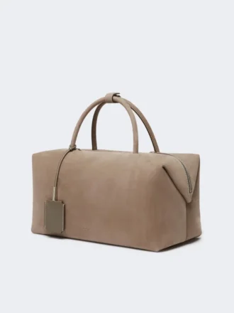 Mala Boston grande em pele nubuck, cor cinza-claro