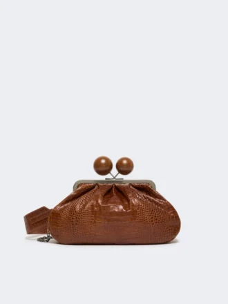 Mala Pasticcino média em pele com padrão de crocodilo, castanho-avermelhado