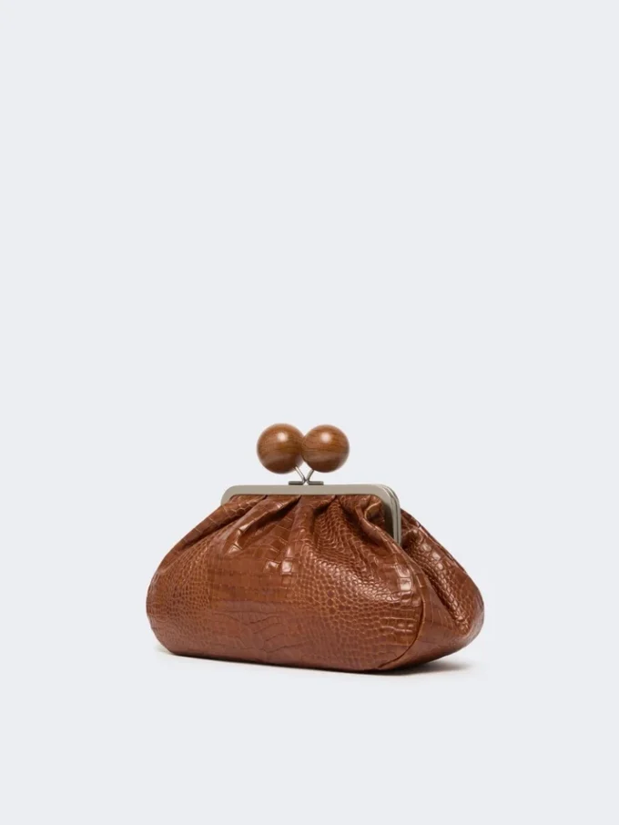 Mala Pasticcino média em pele com padrão de crocodilo, castanho-avermelhado