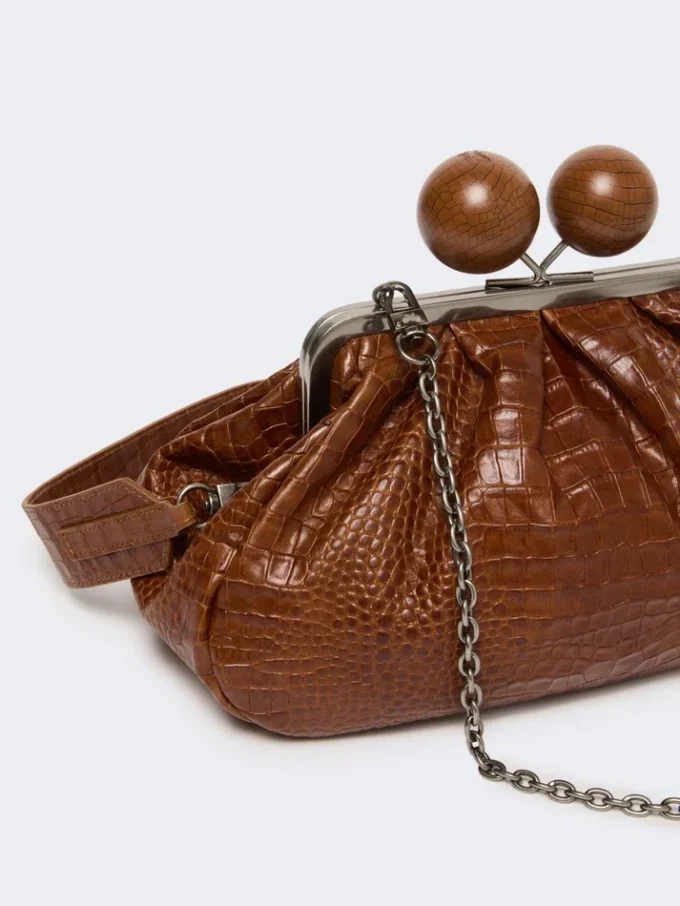 Mala Pasticcino média em pele com padrão de crocodilo, castanho-avermelhado