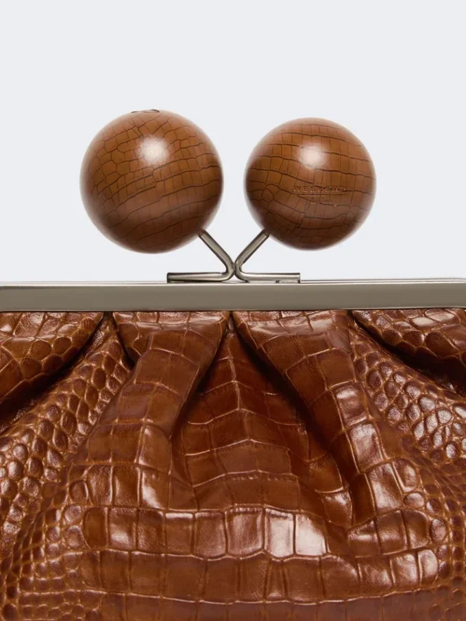 Mala Pasticcino média em pele com padrão de crocodilo, castanho-avermelhado