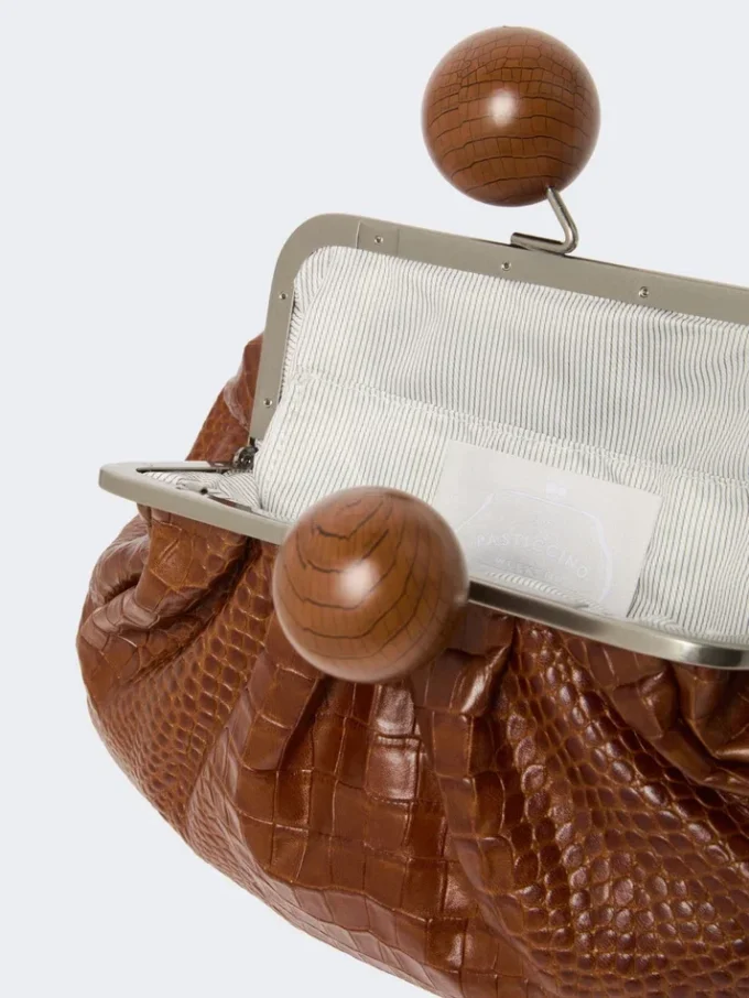 Mala Pasticcino média em pele com padrão de crocodilo, castanho-avermelhado