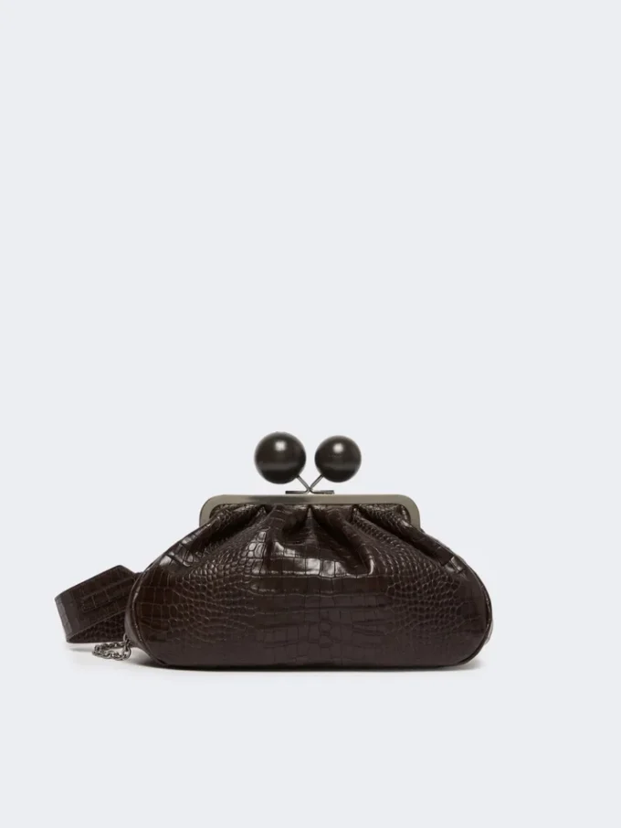 Mala Pasticcino média em pele com padrão de crocodilo, castanho escuro Mala Pasticcino média em pele com padrão de crocodilo, castanho escuro