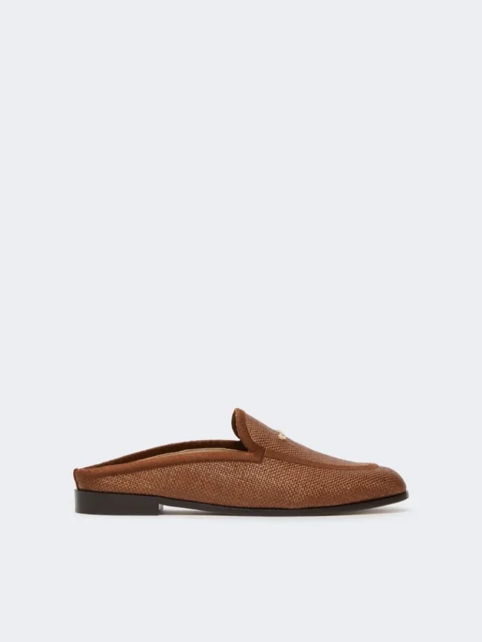 Mules em lona com efeito de ráfia, castanho âmbar Mules em lona com efeito de ráfia, castanho âmbar