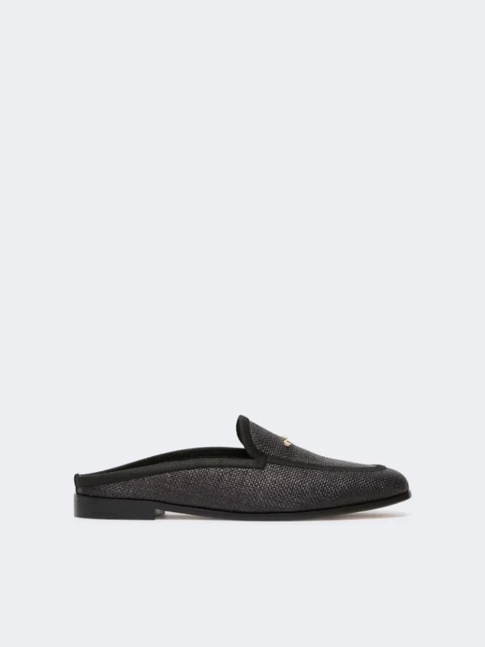 Mules em lona com efeito de ráfia, pretas Mules em lona com efeito de ráfia, pretas