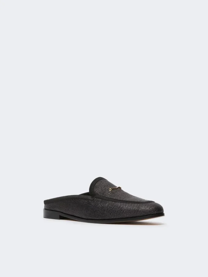 Mules em lona com efeito de ráfia, pretas Mules em lona com efeito de ráfia, pretas